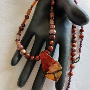 Handmade Beaded Statement Necklace With Orange Brown Lampwork Glass and Pearls